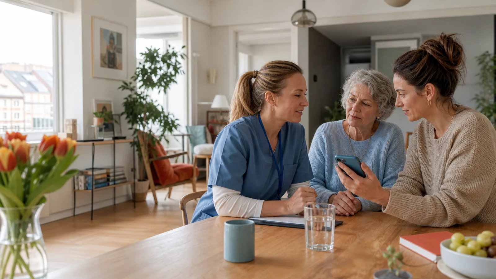 Pflegekraft, Seniorin und Angehörige sitzen am Esstisch und suchen gemeinsam auf dem Smartphone einen passenden Pflegedienst