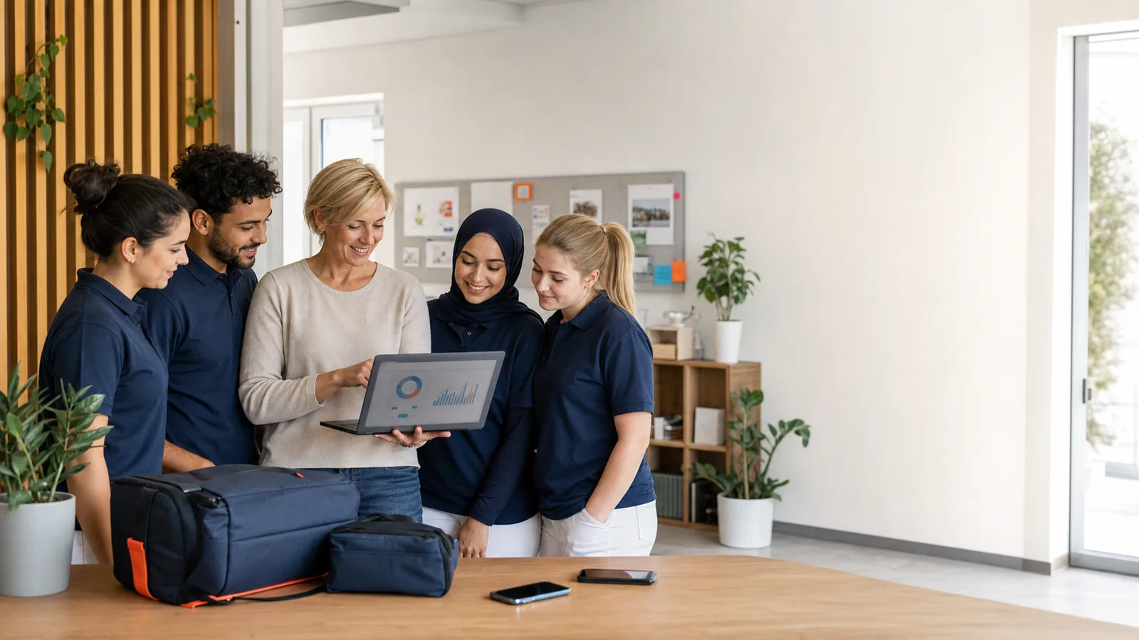 Team eines ambulanten Pflegedienstes bespricht gemeinsam Auswertungen auf einem Laptop im hellen Büro